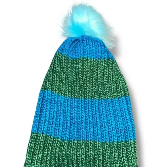 Hat Attack Happy Stripes Beanie Hat Blue Green Knit Faux Fur Pom-Pom OS Winter - Picture 4 of 9